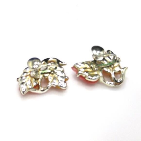 Vintage 1950s STAR Lucite Leaf Earrings Pink Enamel Screw Back Jewelry - Picture 6 of 7